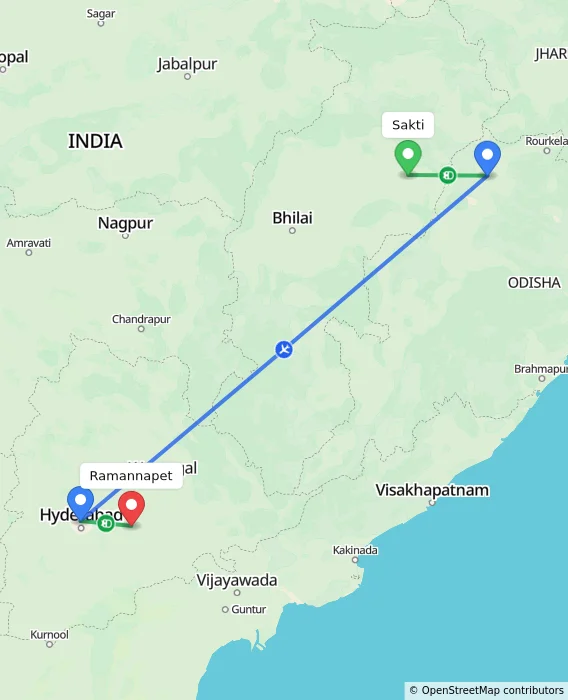 Route map showing distance and travel time from Sakti, India to Ramannapet, India