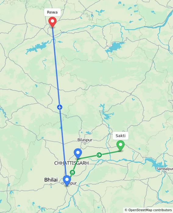 Route map showing distance and travel time from Sakti, India to Rewa, India