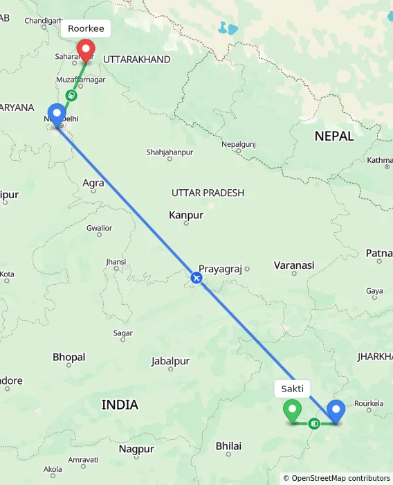Route map showing distance and travel time from Sakti, India to Roorkee, India