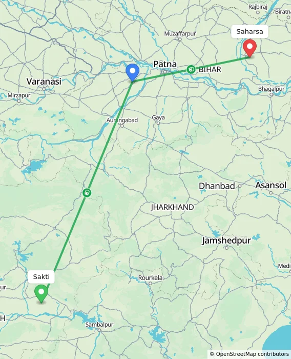 Route map showing distance and travel time from Sakti, India to Saharsa, India