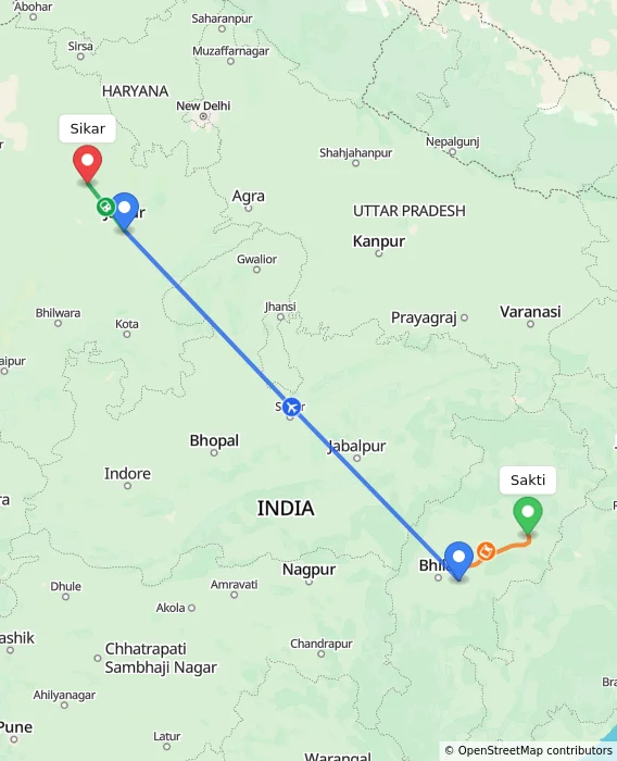 Route map showing distance and travel time from Sakti, India to Sikar, India