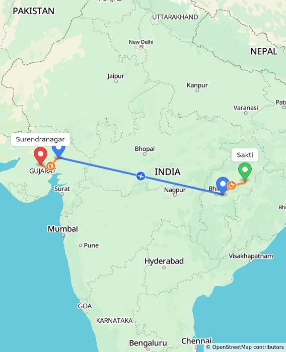 Route map showing distance and travel time from Sakti, India to Surendranagar, India