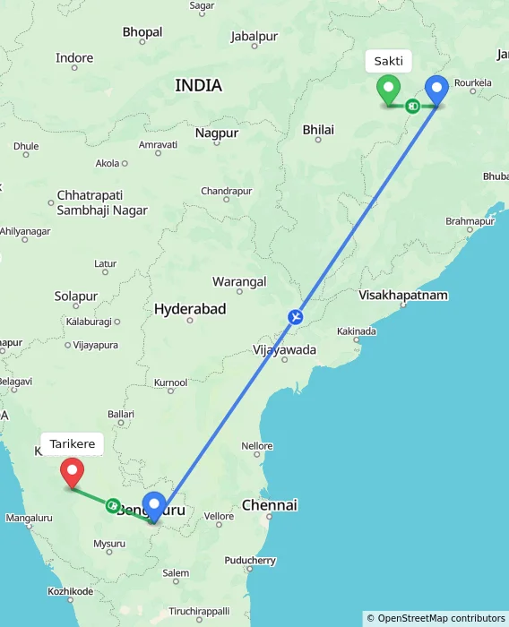 Route map showing distance and travel time from Sakti, India to Tarikere, India