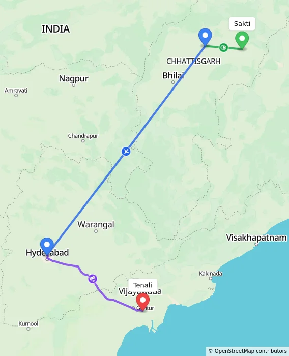 Route map showing distance and travel time from Sakti, India to Tenali, India