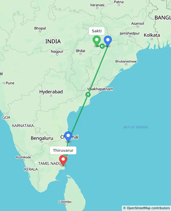 Route map showing distance and travel time from Sakti, India to Thiruvarur, India