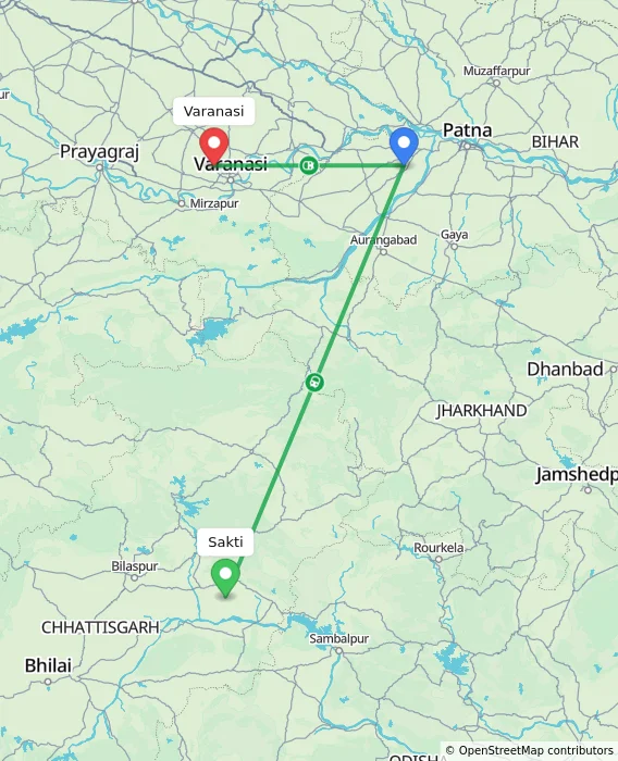 Route map showing distance and travel time from Sakti, India to Varanasi, India