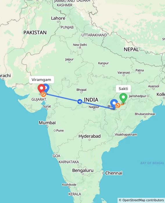 Route map showing distance and travel time from Sakti, India to Viramgam, India