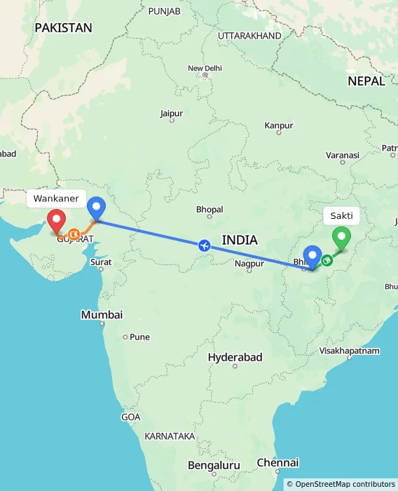 Route map showing distance and travel time from Sakti, India to Wankaner, India