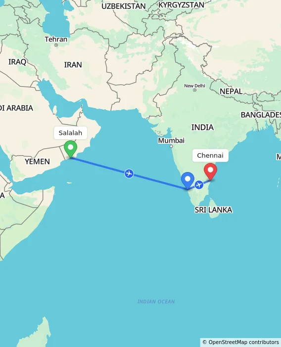 Route map showing distance and travel time from Salalah, Oman to Chennai, India
