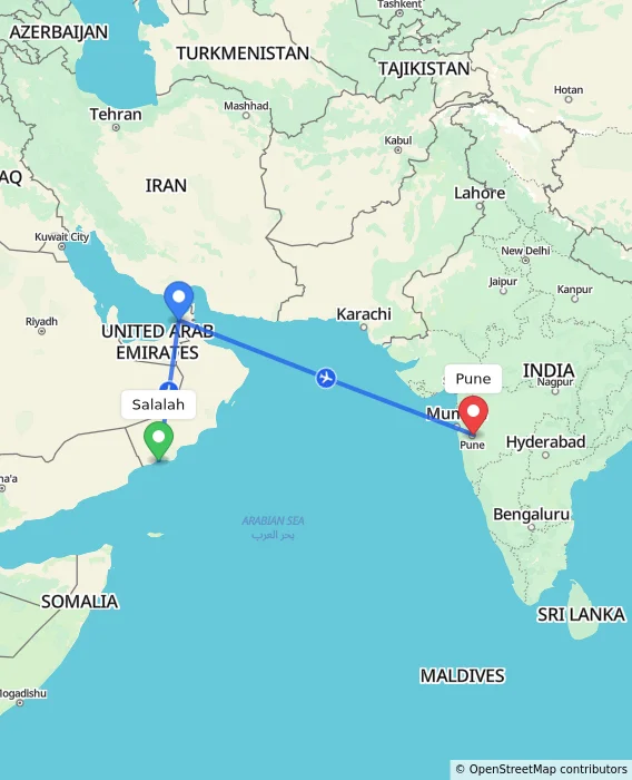 Route map showing distance and travel time from Salalah, Oman to Pune, India