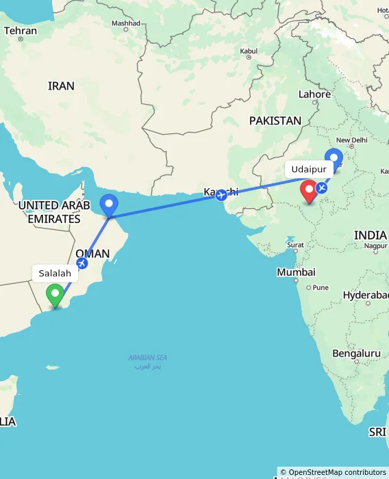 Route map showing distance and travel time from Salalah, Oman to Udaipur, India