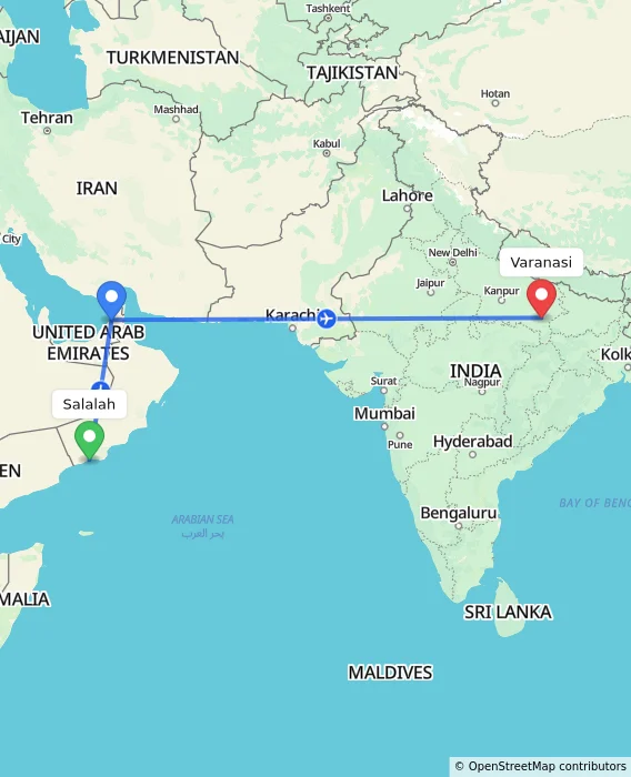 Route map showing distance and travel time from Salalah, Oman to Varanasi, India