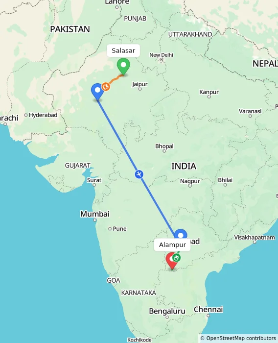 Route map showing distance and travel time from Salasar, India to Alampur, India