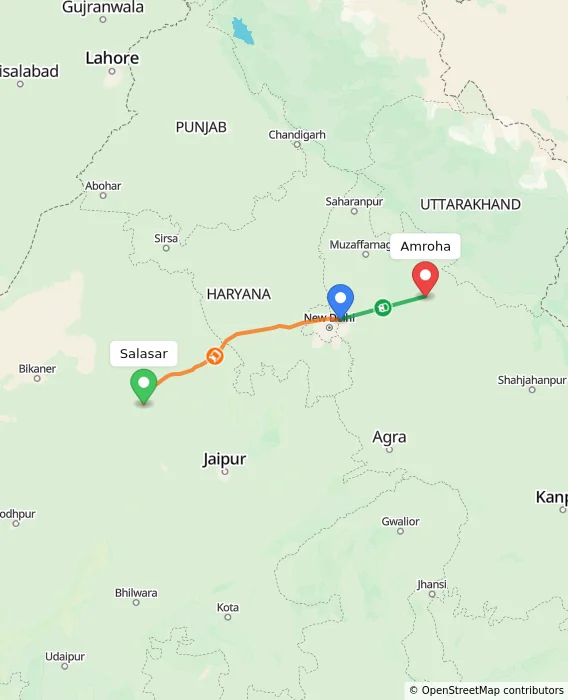 Route map showing distance and travel time from Salasar, India to Amroha, India