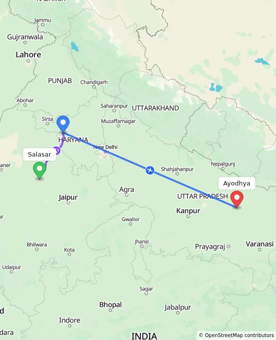 Route map showing distance and travel time from Salasar, India to Ayodhya, India