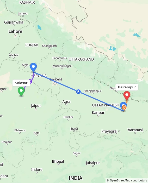 Route map showing distance and travel time from Salasar, India to Balrampur, India