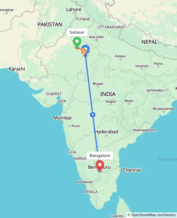Route map showing distance and travel time from Salasar, India to Bangalore, India