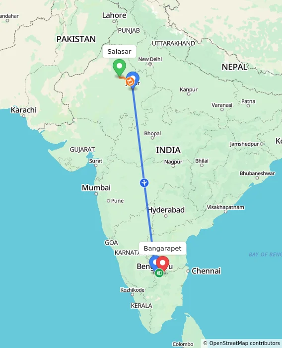 Route map showing distance and travel time from Salasar, India to Bangarapet, India