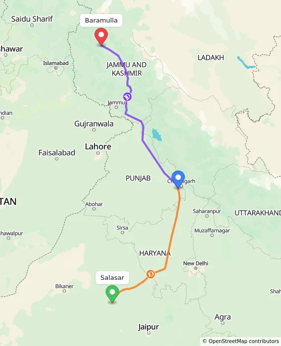 Route map showing distance and travel time from Salasar, India to Baramulla, India