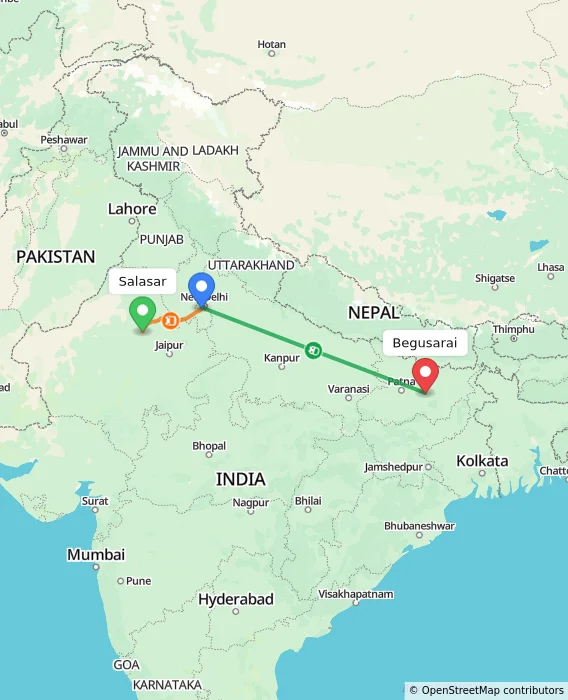 Route map showing distance and travel time from Salasar, India to Begusarai, India