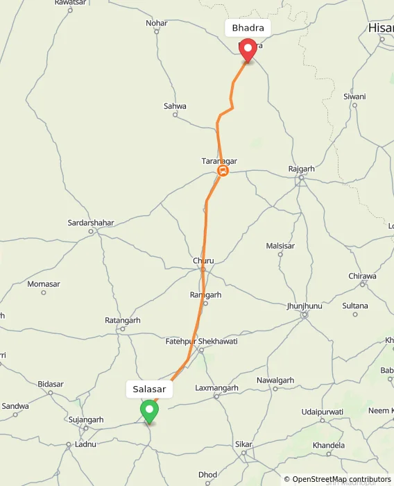 Route map showing distance and travel time from Salasar, India to Bhadra, India