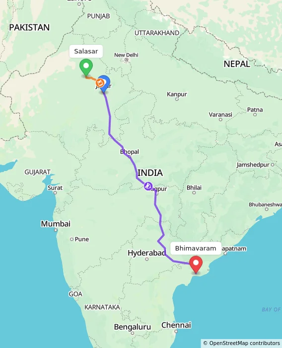 Route map showing distance and travel time from Salasar, India to Bhimavaram, India