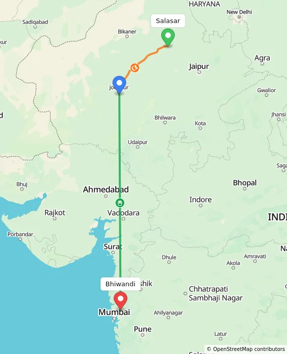 Route map showing distance and travel time from Salasar, India to Bhiwandi, India