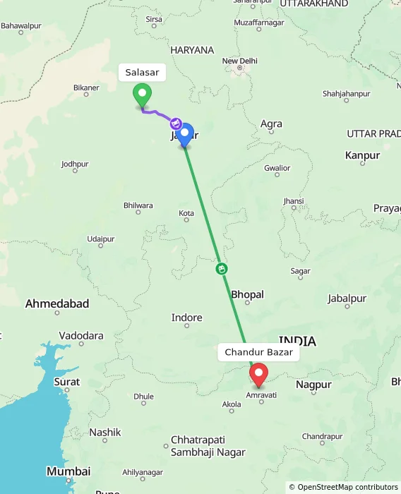 Route map showing distance and travel time from Salasar, India to Chandur Bazar, India