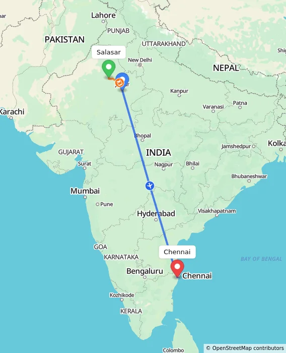 Route map showing distance and travel time from Salasar, India to Chennai, India