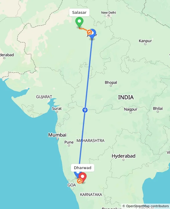Route map showing distance and travel time from Salasar, India to Dharwad, India