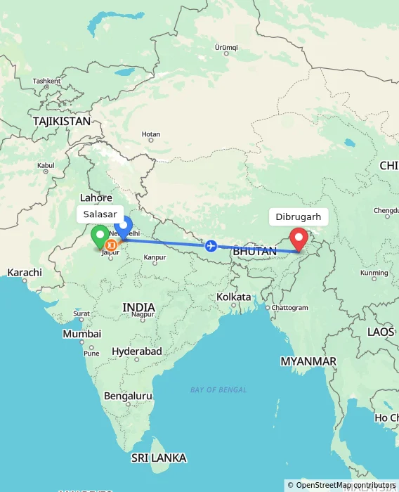Route map showing distance and travel time from Salasar, India to Dibrugarh, India