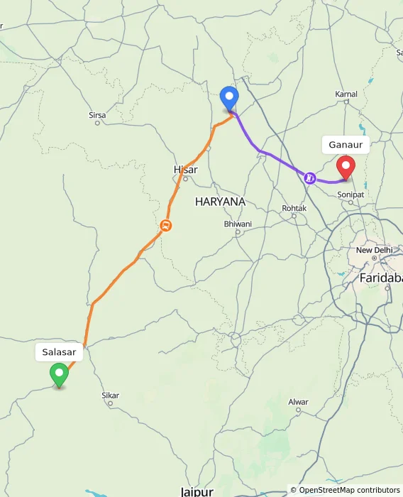 Route map showing distance and travel time from Salasar, India to Ganaur, India