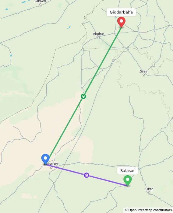 Route map showing distance and travel time from Salasar, India to Giddarbaha, India