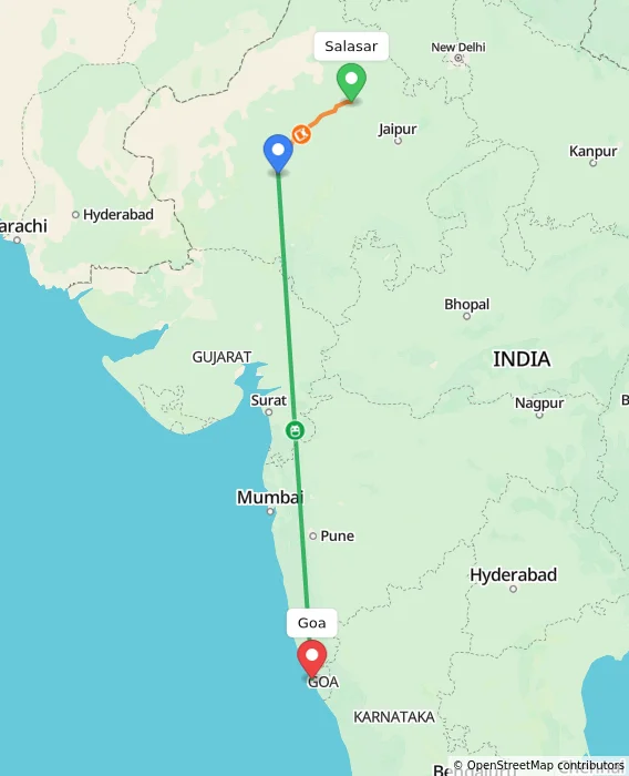 Route map showing distance and travel time from Salasar, India to Goa, India