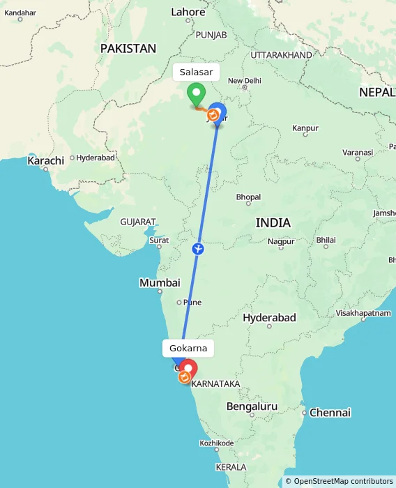 Route map showing distance and travel time from Salasar, India to Gokarna, India