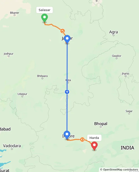 Route map showing distance and travel time from Salasar, India to Harda, India