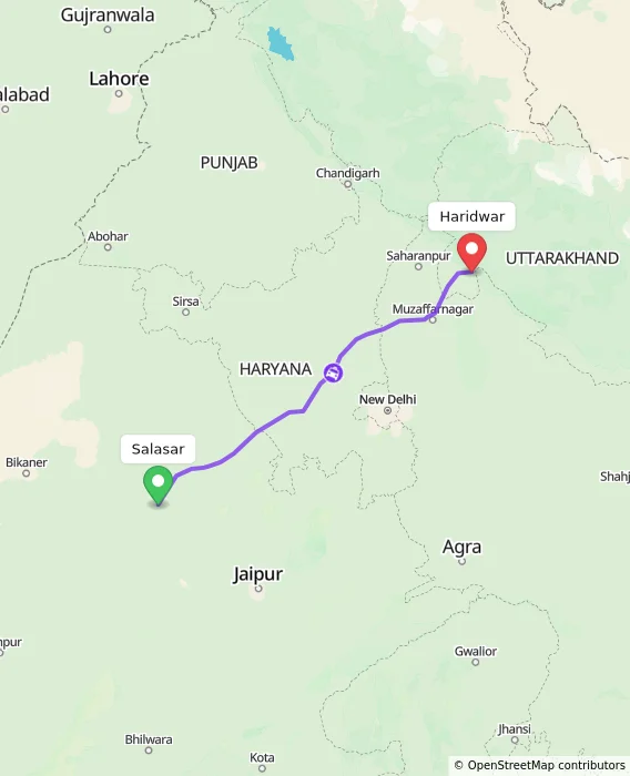 Route map showing distance and travel time from Salasar, India to Haridwar, India