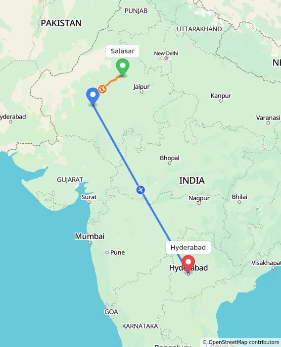 Route map showing distance and travel time from Salasar, India to Hyderabad, India
