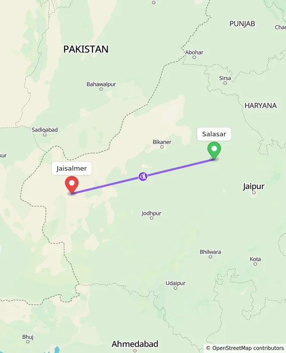 Route map showing distance and travel time from Salasar, India to Jaisalmer, India