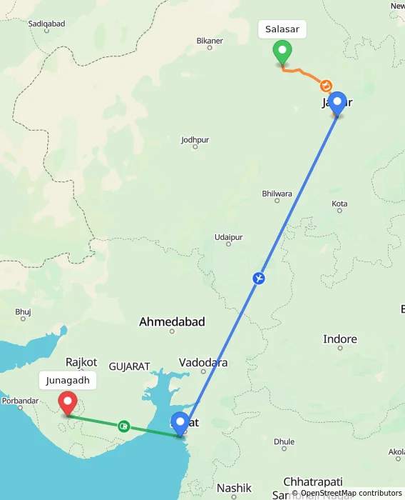 Route map showing distance and travel time from Salasar, India to Junagadh, India