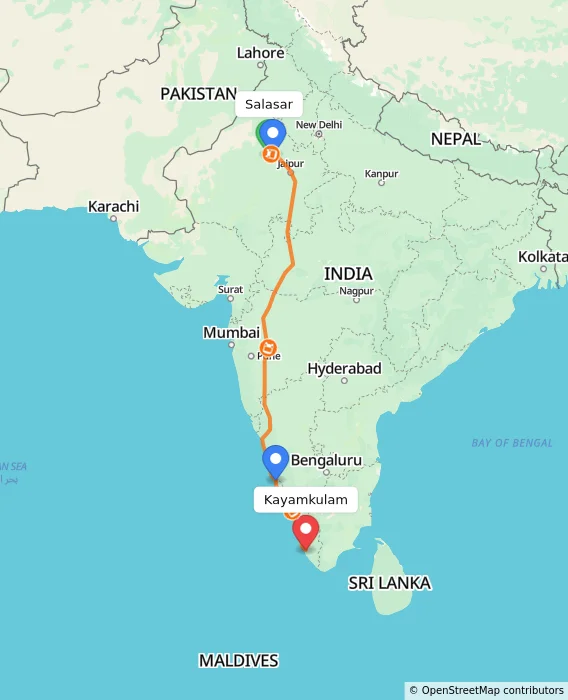 Route map showing distance and travel time from Salasar, India to Kayamkulam, India