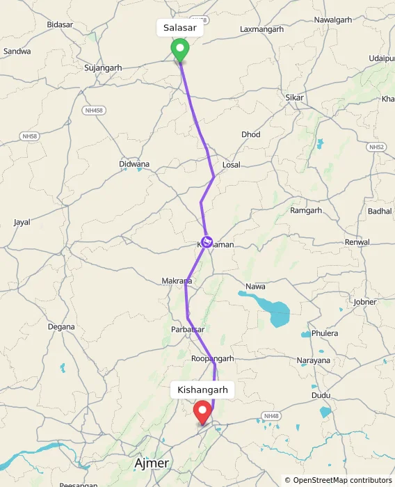 Route map showing distance and travel time from Salasar, India to Kishangarh, India