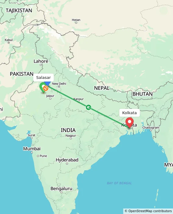 Route map showing distance and travel time from Salasar, India to Kolkata, India