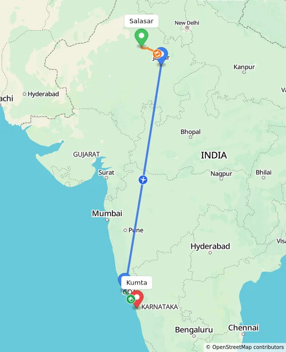 Route map showing distance and travel time from Salasar, India to Kumta, India