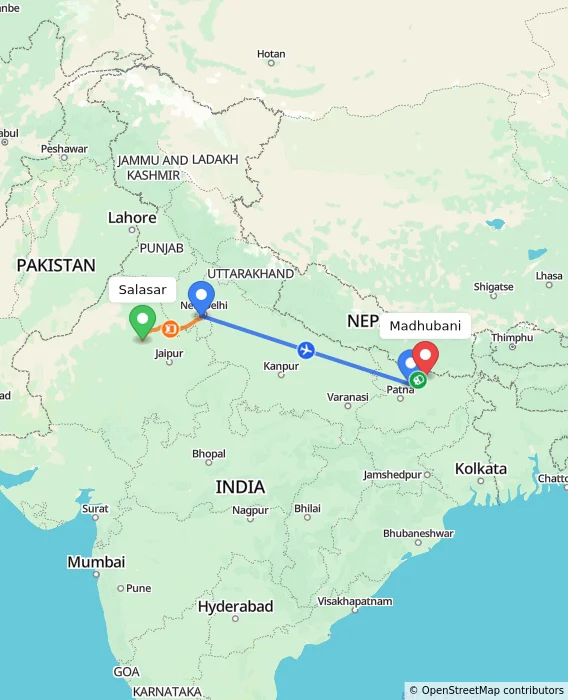 Route map showing distance and travel time from Salasar, India to Madhubani, India