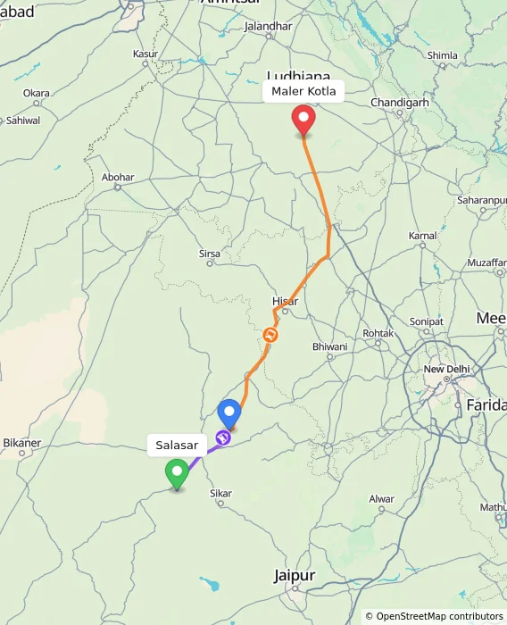 Route map showing distance and travel time from Salasar, India to Maler Kotla, India
