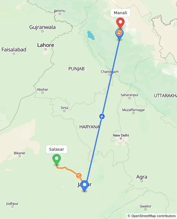 Route map showing distance and travel time from Salasar, India to Manali, India