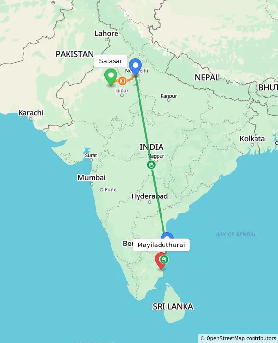 Route map showing distance and travel time from Salasar, India to Mayiladuthurai, India