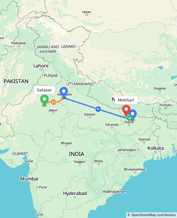 Route map showing distance and travel time from Salasar, India to Motihari, India