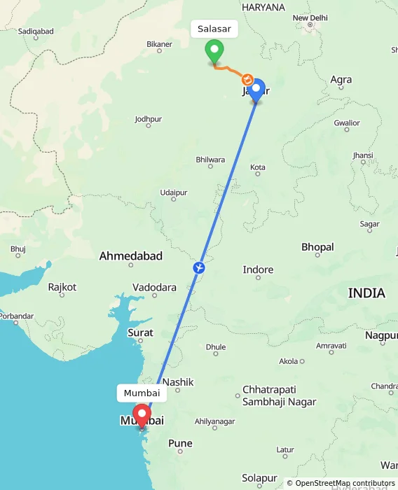 Route map showing distance and travel time from Salasar, India to Mumbai, India
